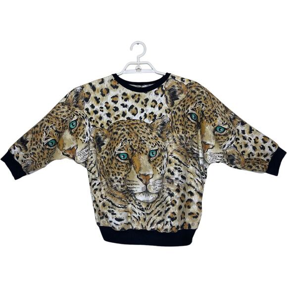 Vtg AOP Cheetah Leopard Print Cropped Sweatshirt Batwing Glitter 80s 90s Sz‎ M? - Picture 1 of 9